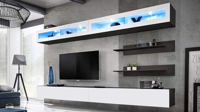 Гостиная 2 Белый Фасадный 0101 / Черный 0190 320*40*180 см, Белый Фасадный, Черный   Фиеста