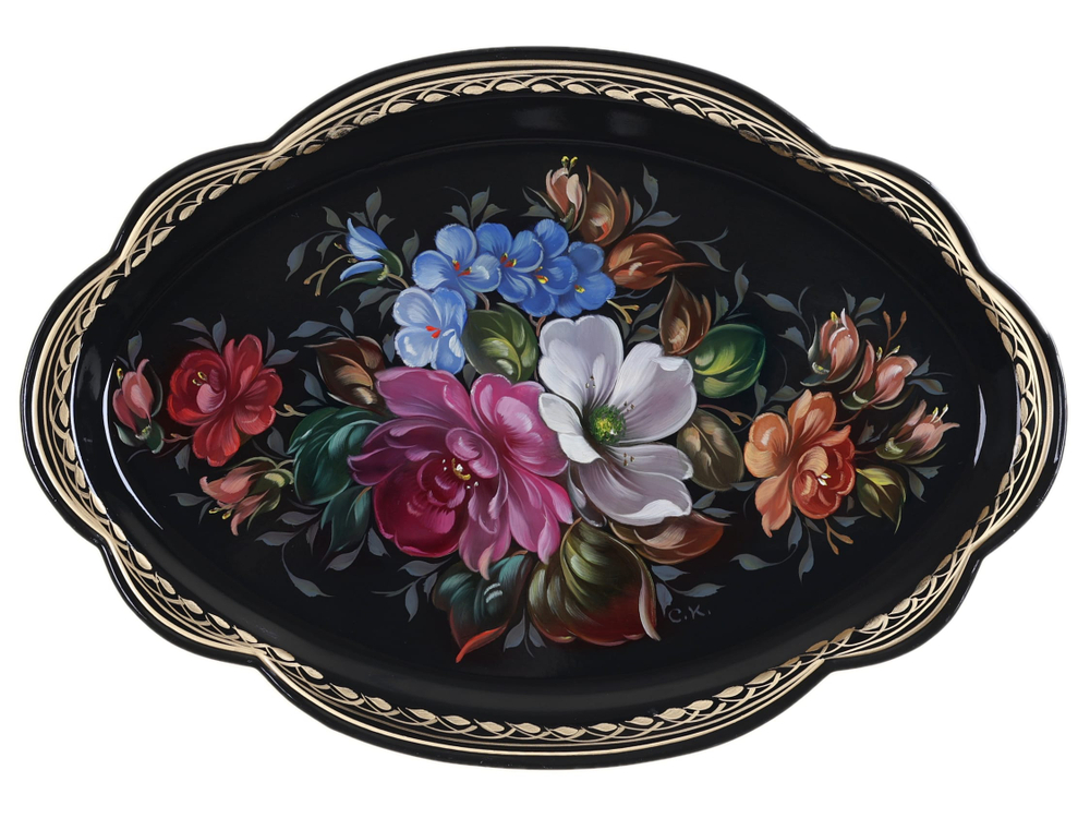 Жостовский поднос декоративный, размер 32х22 см (A11), металлический