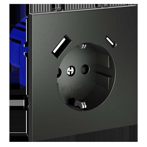 Розетка встраиваемая Voltum S70 с заземлением и защитными шторками, 16А, с USB, A+С, (титан) VLS040506