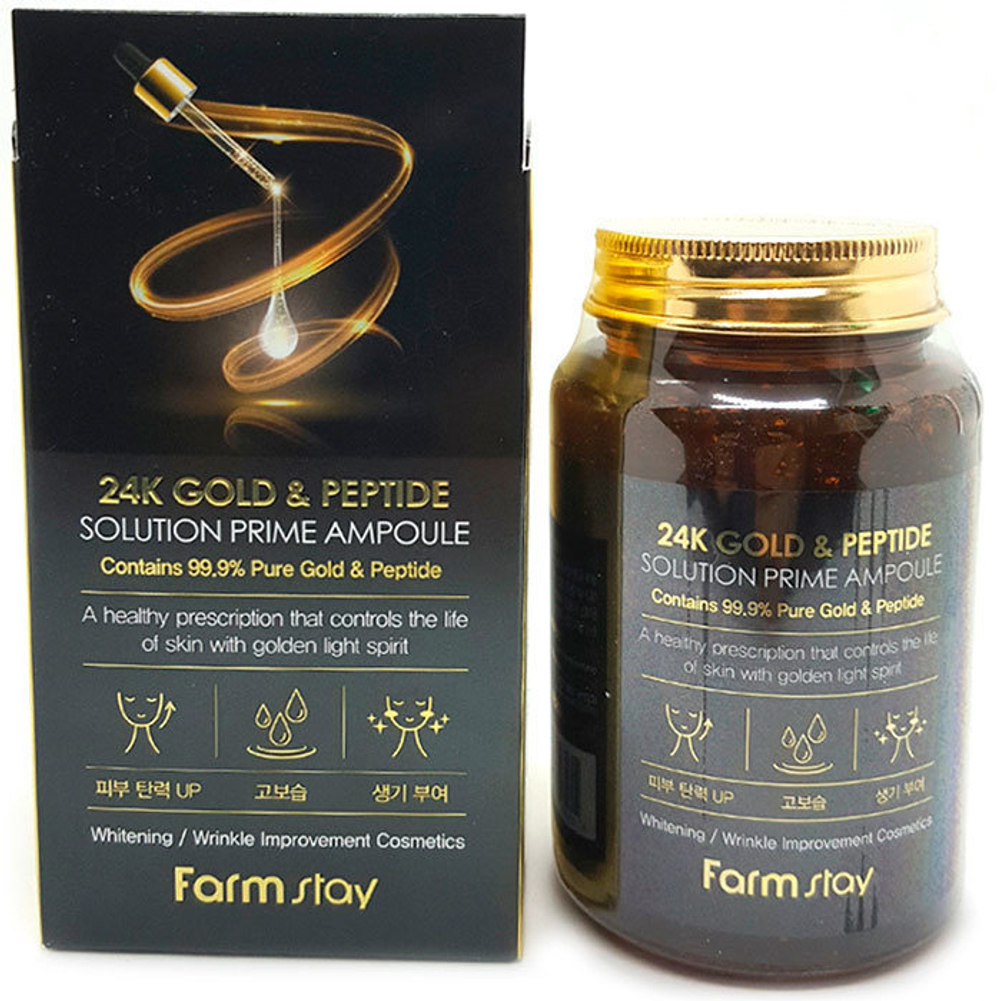 FarmStay. Многофункциональная ампульная сыворотка с золотом и пептидами 24K Gold & Peptide Solution Prime Ampoule