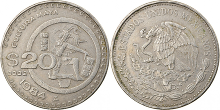 Мексика 20 песо, 1980 - 1984 Игрок Мезоамериканской игры в мяч VF