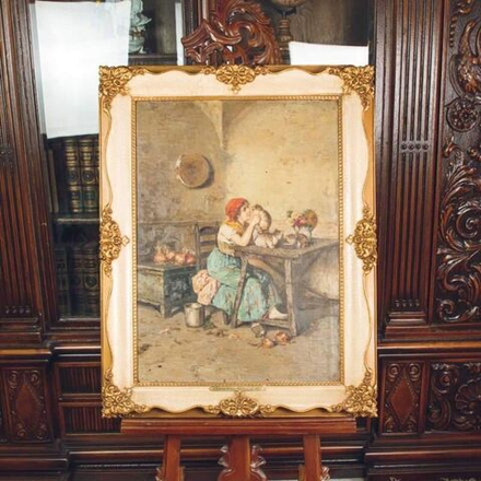 Винтаж: Антикварная картина «Девочка с котятами»