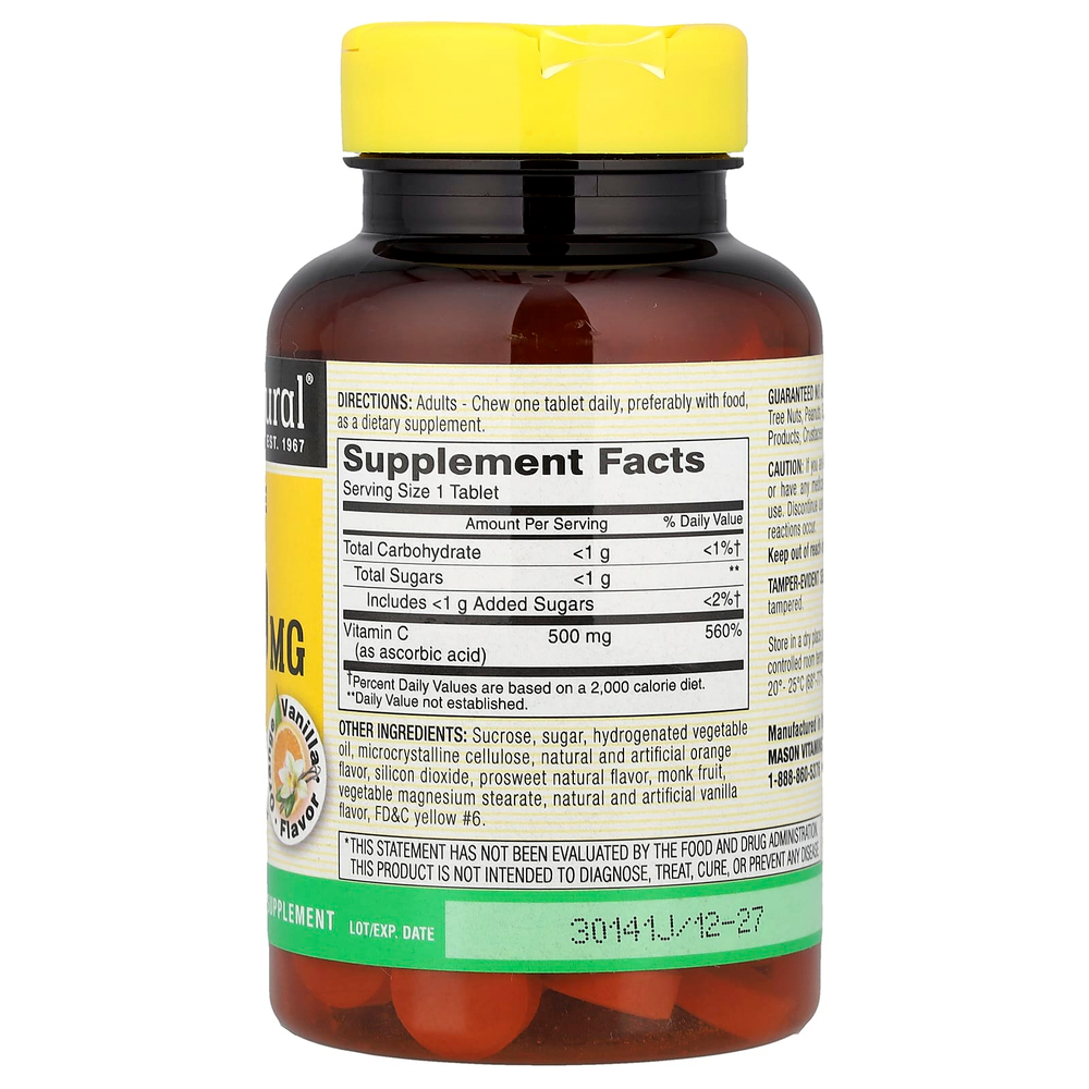 Mason Natural, Витамин C, апельсин и ваниль, 500 мг, 100 жевательных таблеток