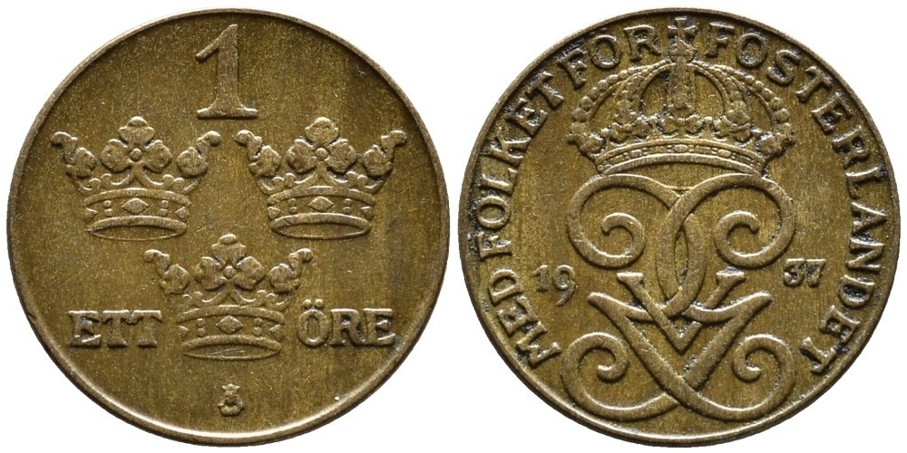 Швеция 1 эре, 1910 - 1950 Король Король Густав V XF