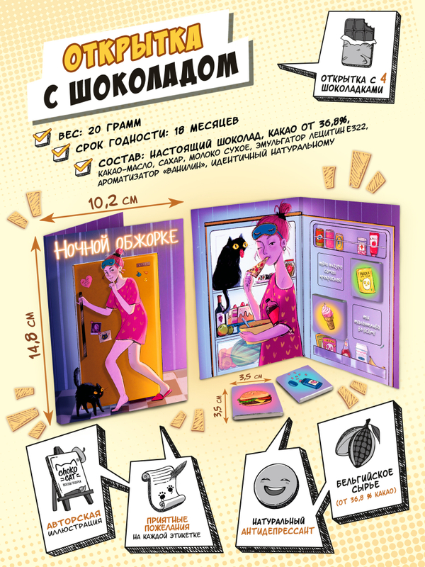 Открытка, НОЧНОЙ ОБЖОРКЕ, молочный шоколад, 20 гр., TM Chokocat