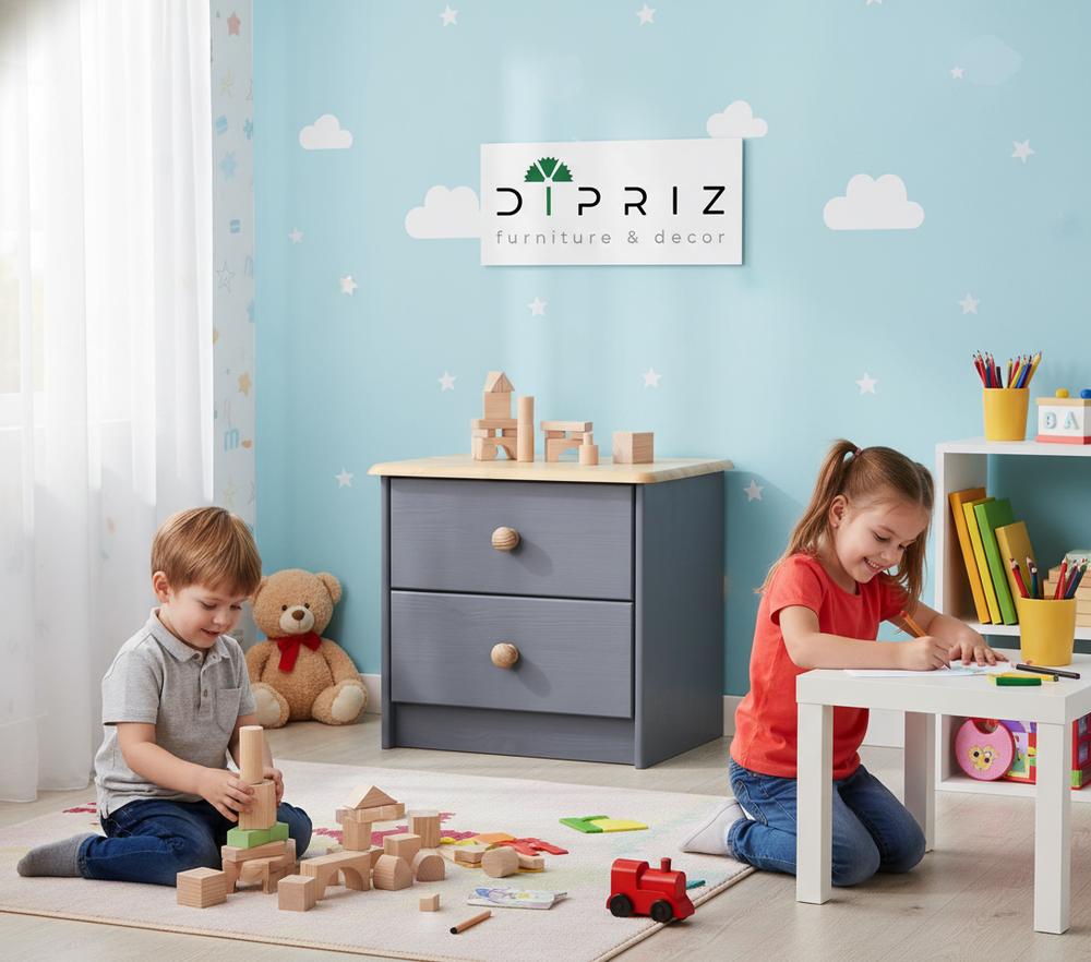 Тумба прикроватная Хаба 2 ящика из массива сосны, серый/антик