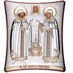 Икона Петр и Феврония Муромские в серебре.