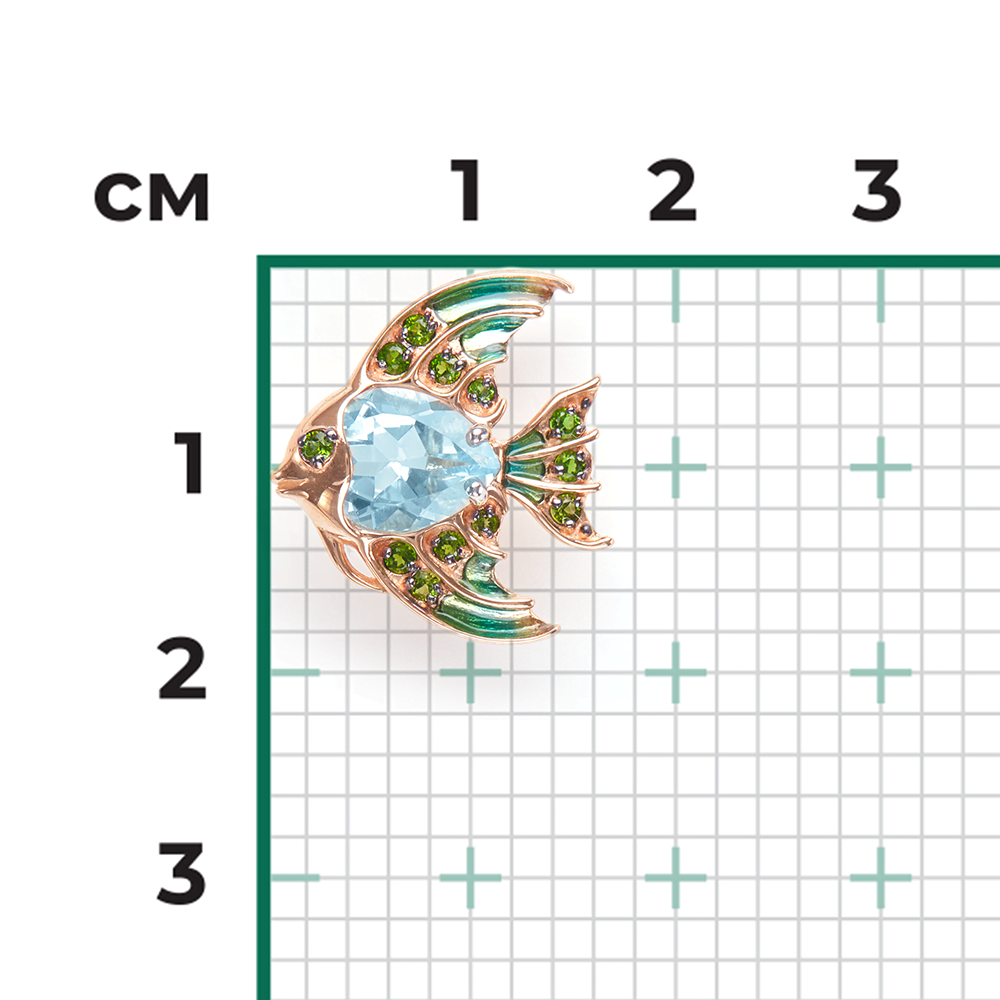 Подвеска «Рыбка» из красного золота с топазом, хромдиопсидами и эмалью