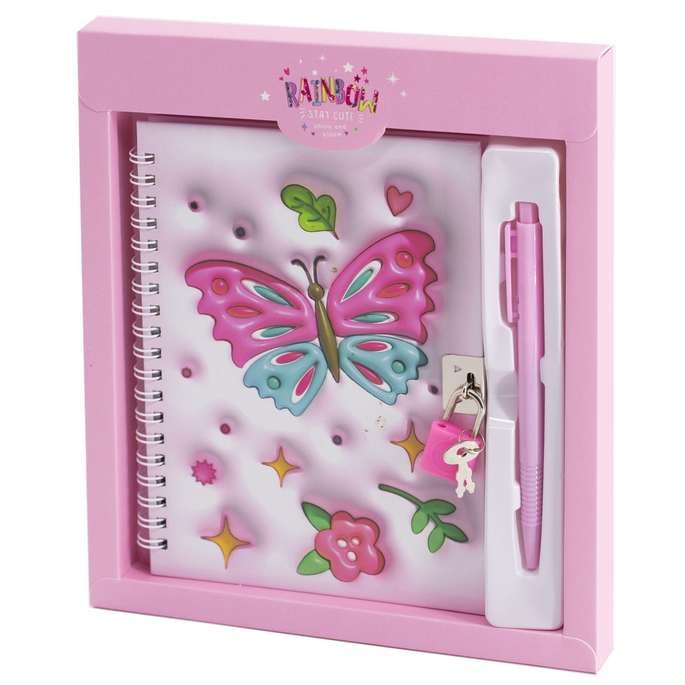 Блокнот в футляре, 19,5 см * 22,5 см, гребень, Alingar, ламинация, эффект 3D, ручка, замочек, клетка, 45 л., "Яркие бабочки", розовый