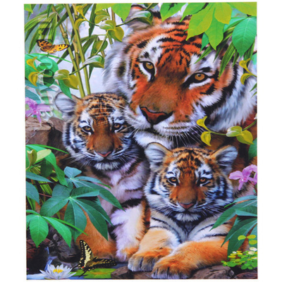 Алмазная мозаика на подрамнике с полным заполнением «МИР ЯРКИХ КРАСОК», семья тигров, 50*65см