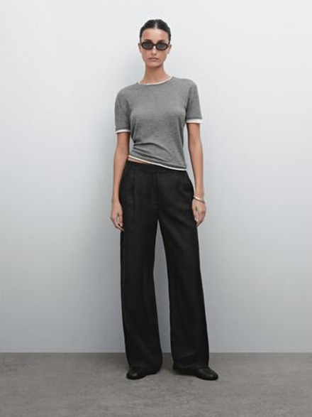 Massimo Dutti Брюки из 100% льна с широкими штанинами и эластичной деталью, черный
