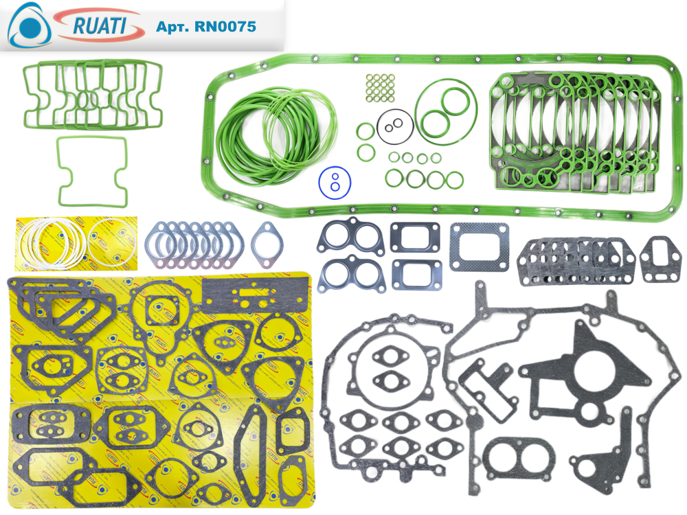 Комплект прокладок двигателя КАМАЗ ЕВРО-4, 5 Эконом под крышку пласт. ЕНА (53 наим. / 154 шт. прокладки паронит+ кольца+ силикон/ 740.70-1002000-Э)  "RUATI"