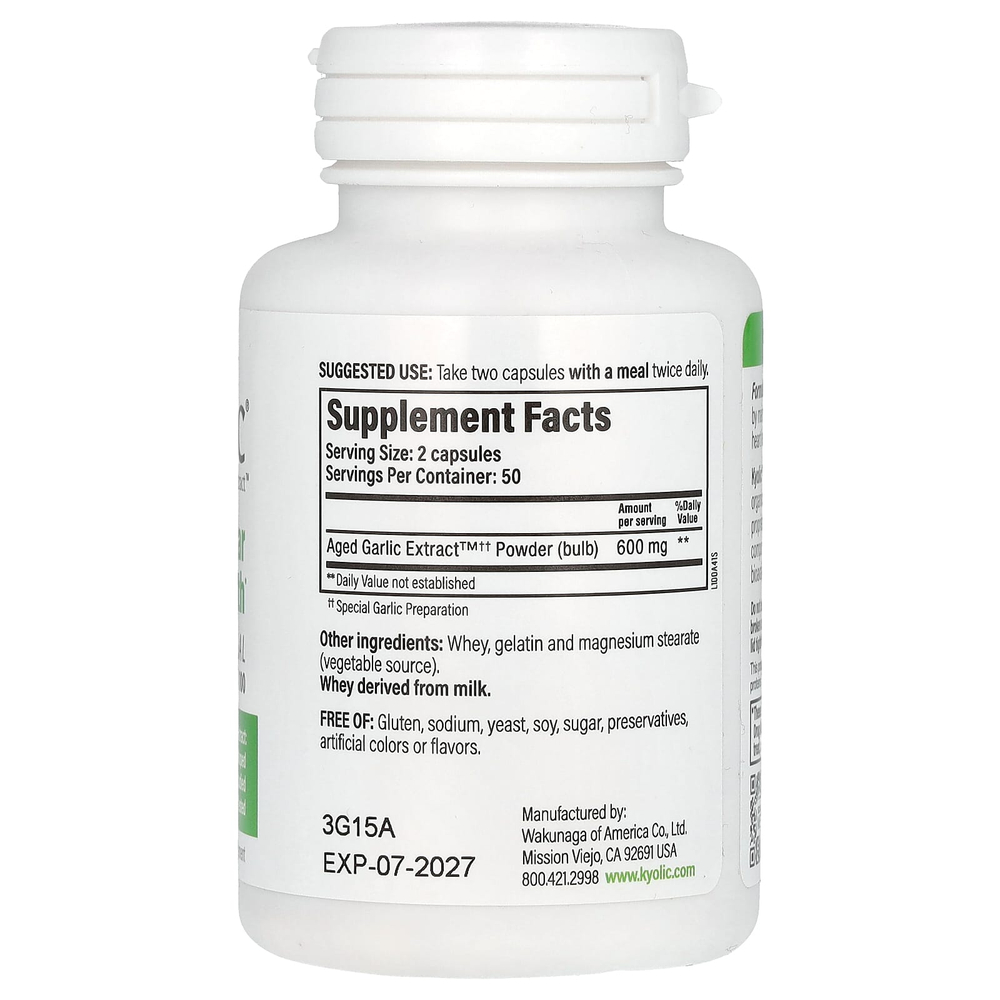 Kyolic, Aged Garlic Extract, выдержанный экстракт чеснока, добавка для здоровья сердечно-сосудистой системы, оригинальный состав Formula 100, 600 мг, 100 капсул (300 мг в 1 капсуле)