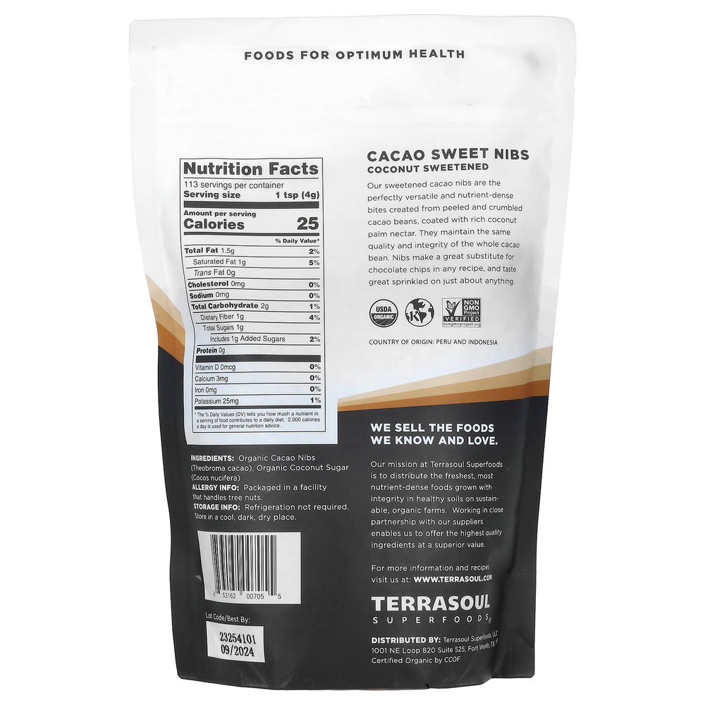 Terrasoul Superfoods, сладкие ядра какао-боба, подслащенные кокосом, 454 г (16 унций)