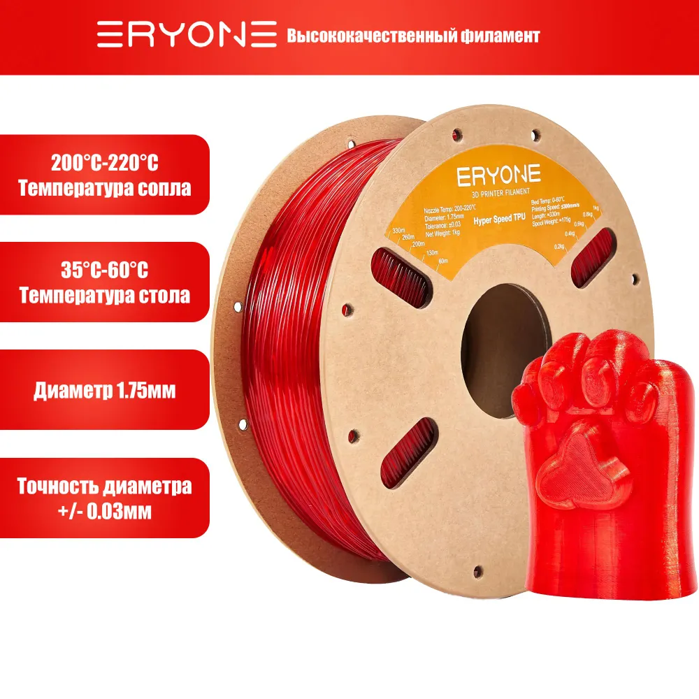 Пластик Hyper Speed TPU 1.75mm, 1KG Transparent Red (полупрозрачный красный)