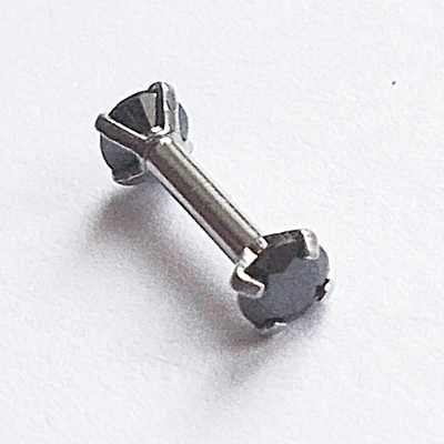 Штанга с двумя черными кристаллами для пирсинга хряща уха. Медицинская сталь. Горный хрусталь.