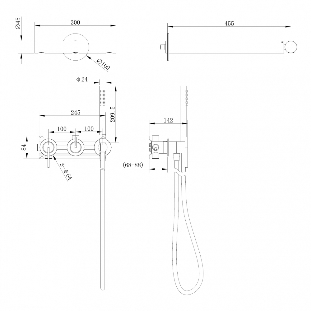 Душевая система ABBER Perfekte 316 AF8A18BST скрытого монтажа без излива, сталь брашированная