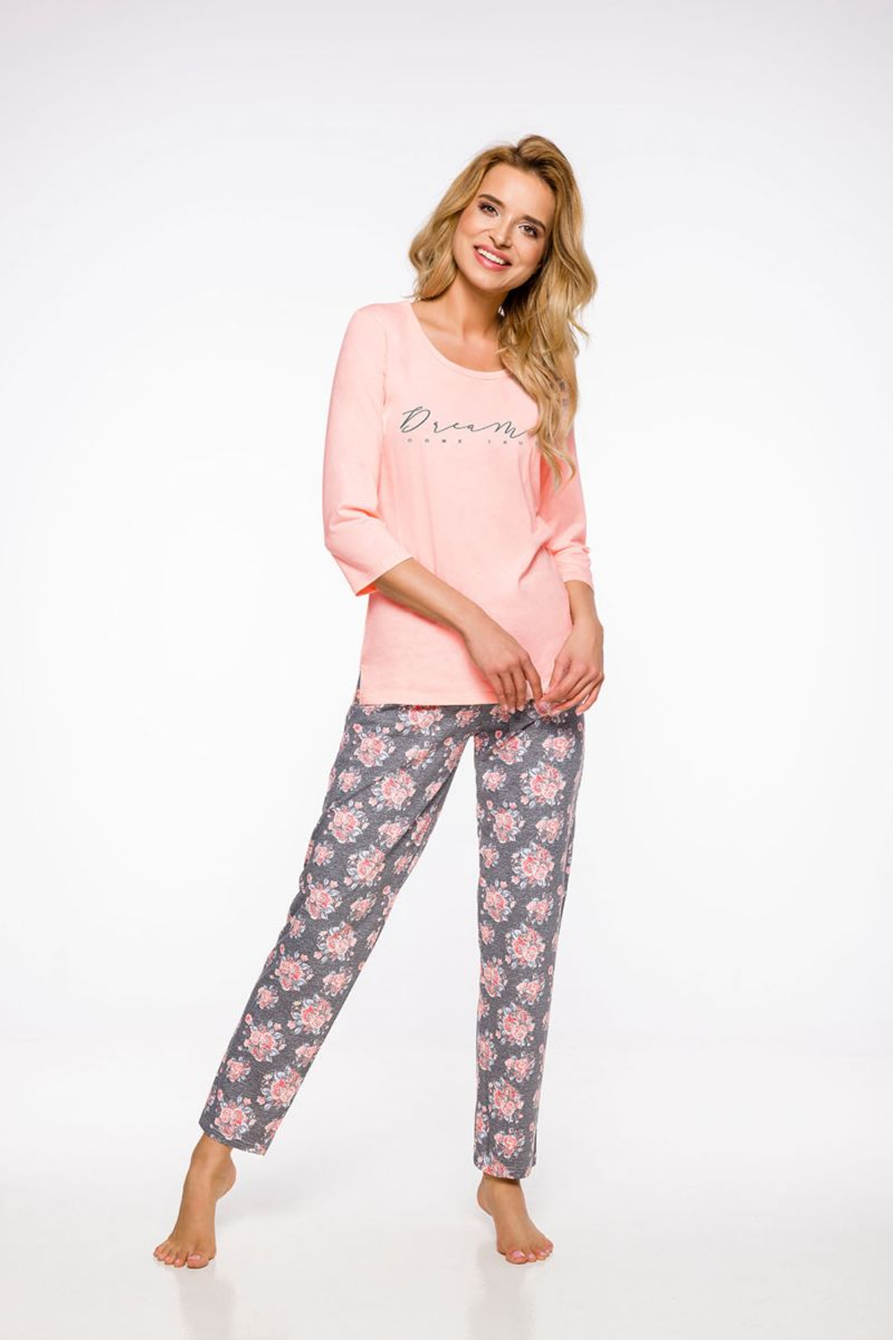 Женская хлопковая пижама Irma с цветочками на брюках (Размер: M) (Цвет: серый с персиковым)