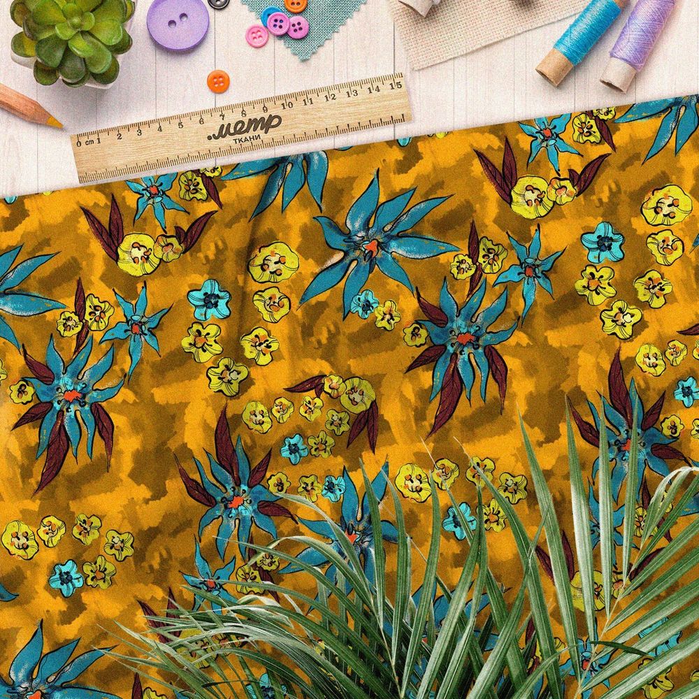 Ткань бифлекс синие и горчичные цветы на жёлтом