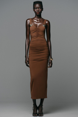ZARA ПЛАТЬЕ ИЗ ПОЛИАМИДА С РАКУШКОЙ, КОРИЧНЕВЫЙ