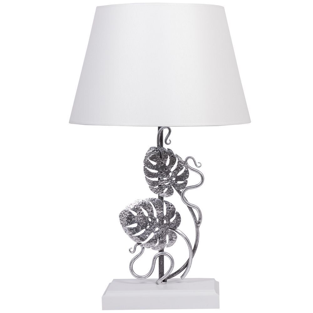Настольная лампа Monstera Deliciosa (Монстера) Айс Античное серебро с абажуром Сити Белый