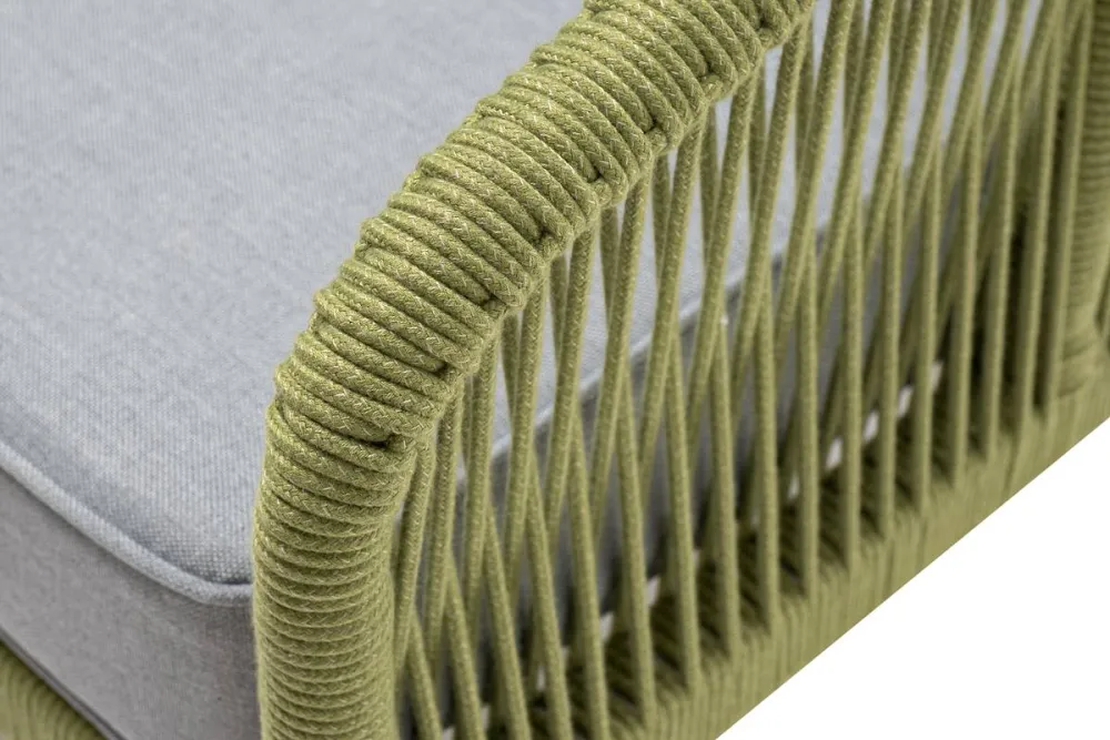 "Канны" кресло плетеное из роупа, каркас алюминий светло-серый (RAL7035) муар, роуп салатовый меланж круглый, ткань светло-серая