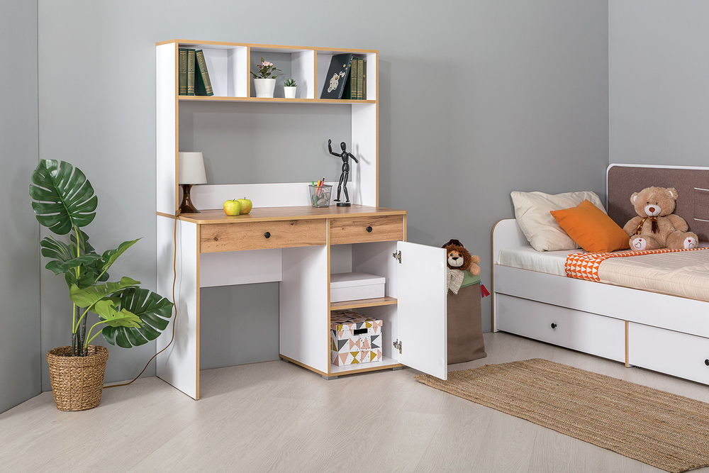 Стол письменный Вуди 12.42, Белый премиум, Дуб Золотой