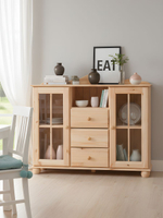 Комод 113х32х94, Бритта, с 3 ящиками для одежды, витрина 2 двери, массив сосны, в натуральной отделке, Dipriz