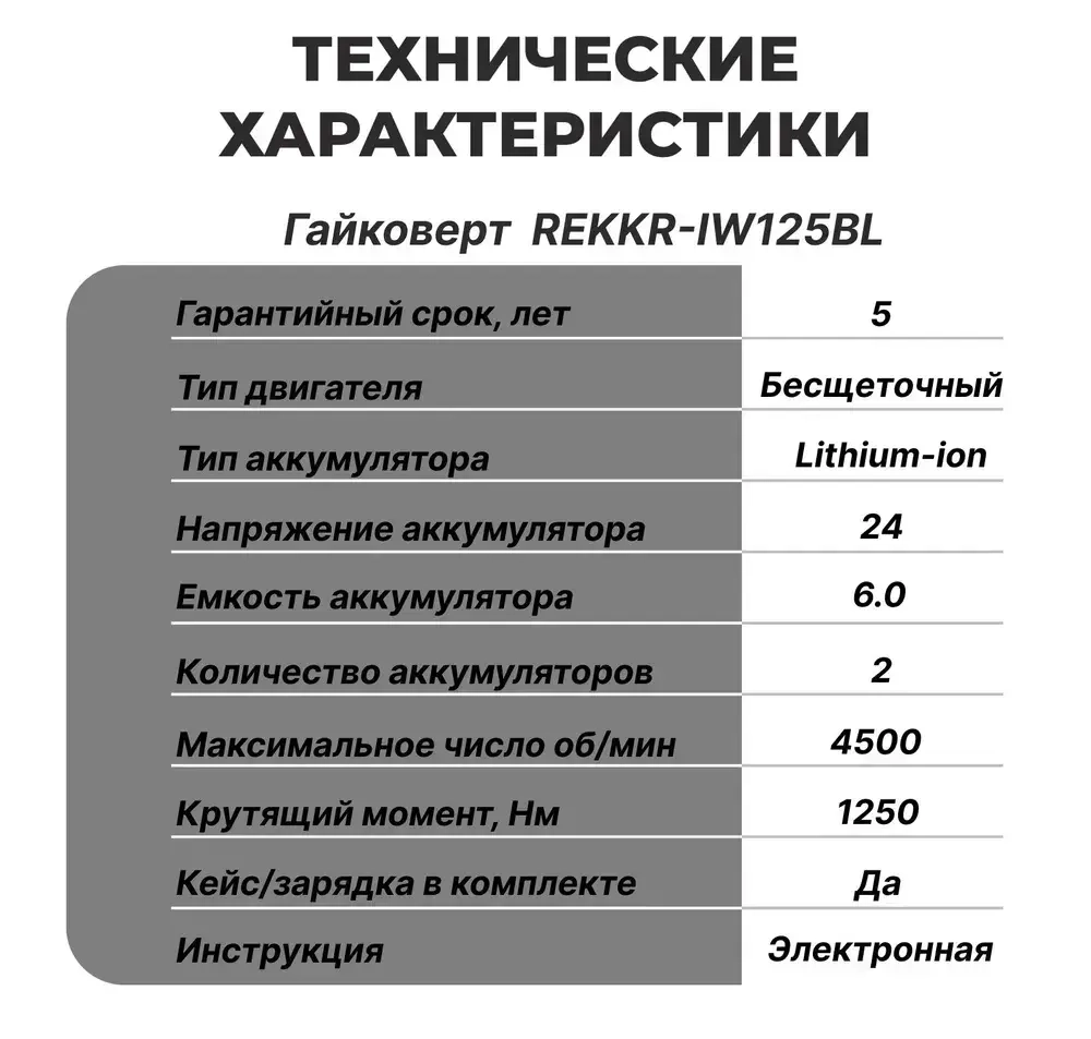 Гайковерт аккумуляторный, бесщеточный REKKR IW125BL, 2 аккумулятора 24В 6.0Ач, ударный, квадрат 1/2, кейс, зарядка