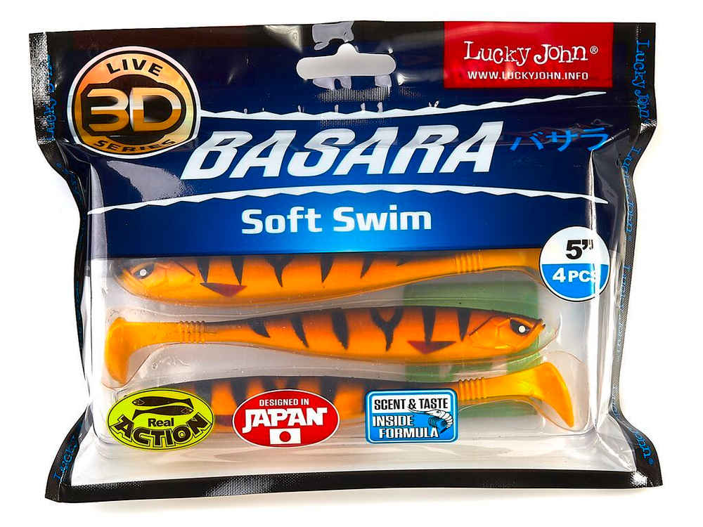 Виброхвост LUCKY JOHN Basara Soft Swim 3D, 5.0in (127 мм), цвет PG08, 4 шт.