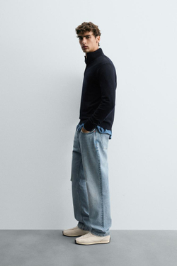 ZARA СВИТЕР ИЗ 100% ШЕРСТИ С ВОРОТНИКОМ НА ПУГОВИЦАХ, МОРСКОЙ СИНИЙ