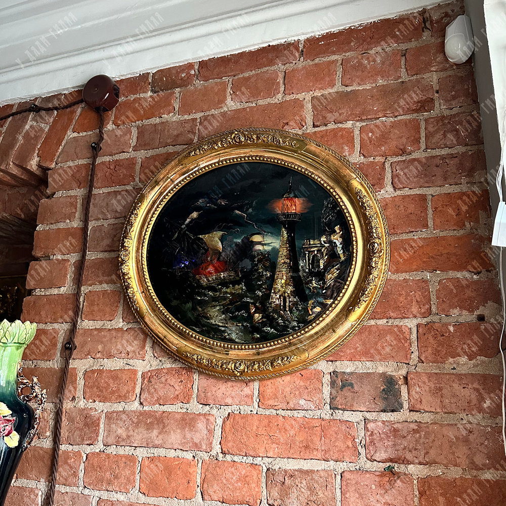 Панно "Маяк в шторм". Реверсивная живопись на стекле. Стекло, перламутр, темпера. Франция, 1890-е гг