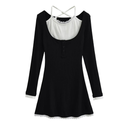 Платье трикотажное, короткое, с майкой, с ажурными вставками