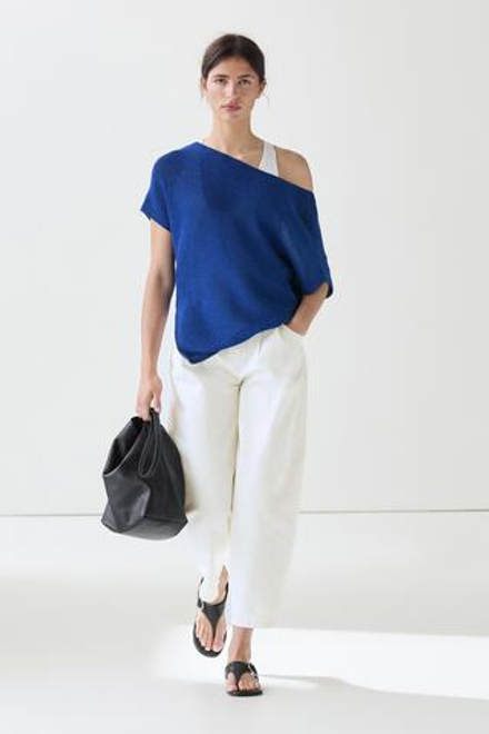 Massimo Dutti Асимметричная футболка из смесового льна с короткими рукавами, светло-синий
