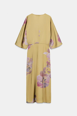 ZARA АТЛАСНОЕ ПЛАТЬЕ МИДИ С ПРИНТОМ, КОРИЧНЕВЫЙ / ЗЕЛЕНЫЙ