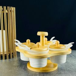 Lenardi 140-087 Набор из 5 банок 100 мл для специй с ложками на подставке BAMBOO в под.уп.(х12)Фарфор
