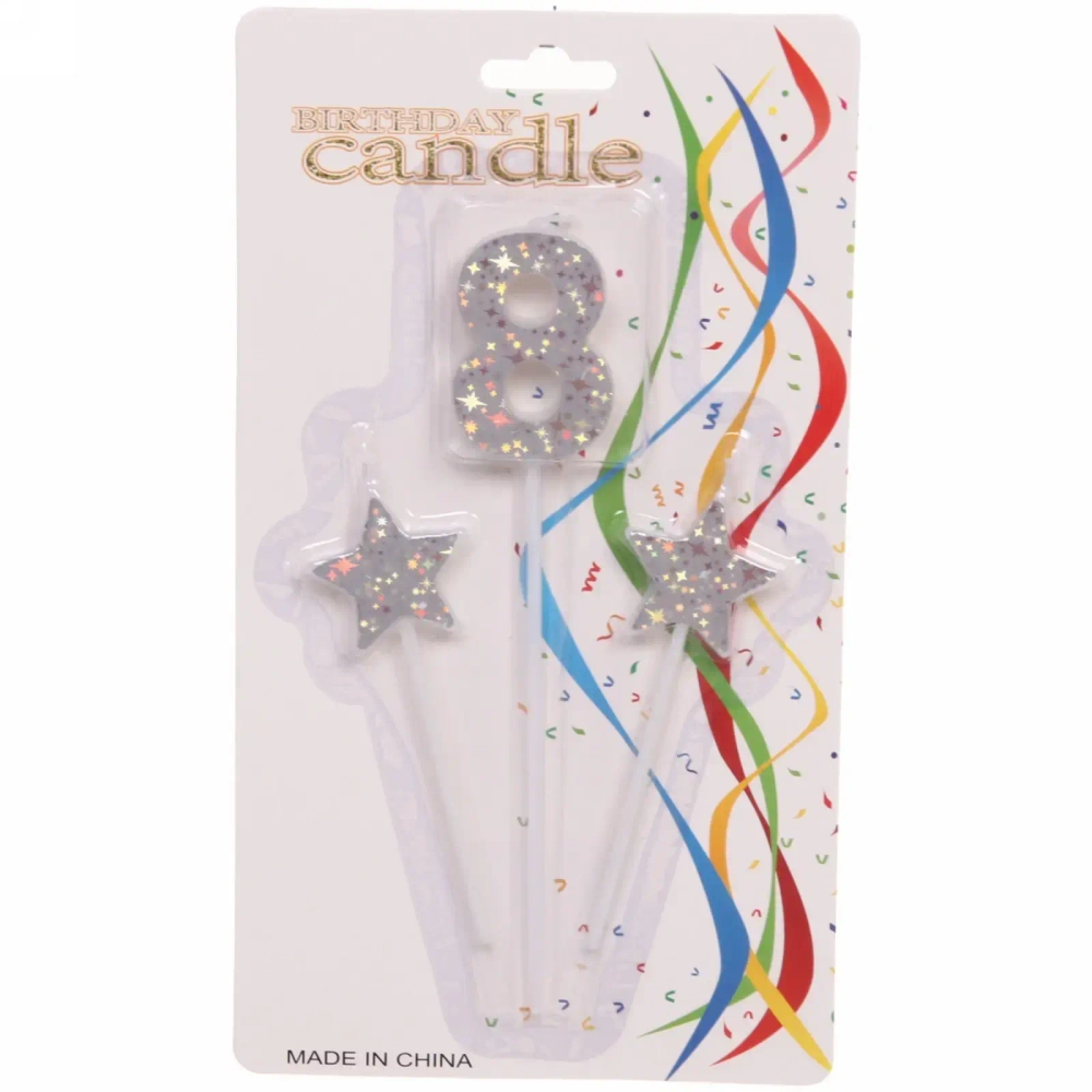 Свеча для торта Цифра Звёздное сияние «8» 16 см (набор 3шт), серебро