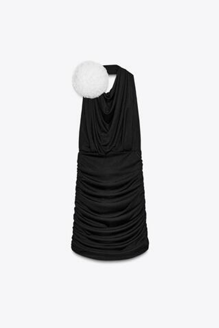 ZARA КОРОТКОЕ ПЛАТЬЕ ХАЛТЕР С ЦВЕТОЧНОЙ ОТДЕЛКОЙ, ЧЕРНЫЙ