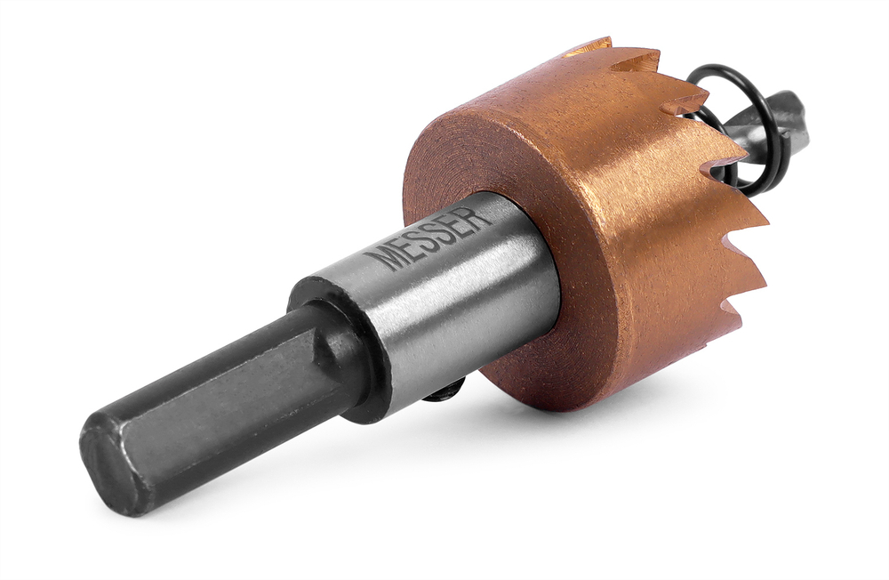 HSS-TiN коронка MESSER  22мм с центр. сверлом и толкающей пружиной для  лист. материала  до 2 мм ц/х