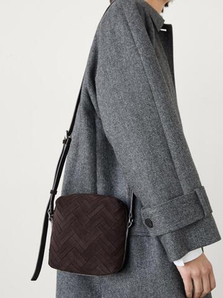 Massimo Dutti Плетеная замшевая сумка-мешок, коричневый