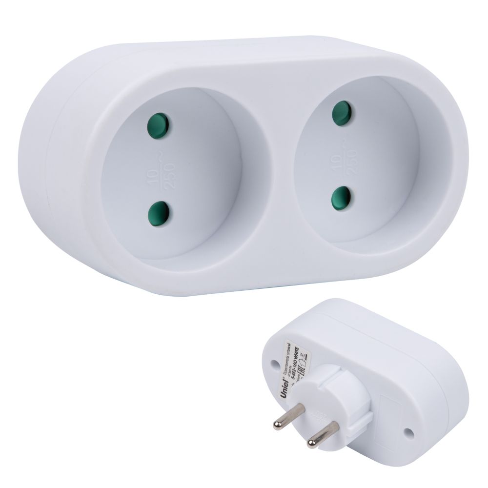 S-ES2-16O WHITE Разветвитель сетевой, б/з. 2 гнезда. 16А, 3500Вт. Белый. ТМ Uniel