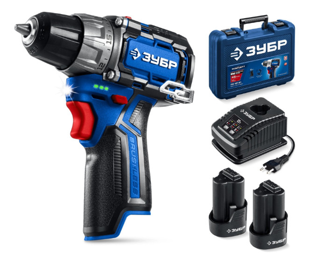 Дрель-шуруповерт аккумуляторная ЗУБР Компакт Т7 12В Профессионал 2 АКБ (2Ач) бесщеточная в кейсе Х