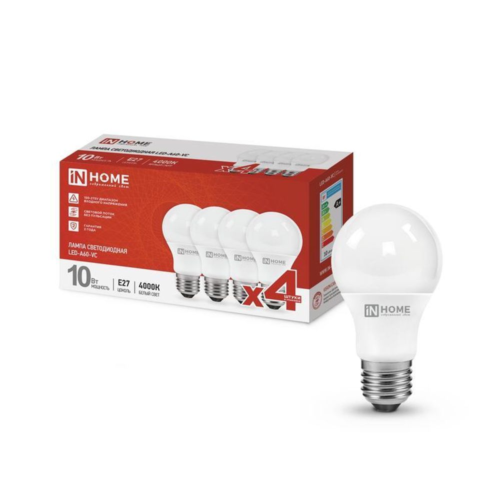 Лампа светодиодная LED-A60-VC 4PACK 10Вт 230В E27 4000К 950лм (уп.4шт) IN HOME 4690612047645 Лампа светодиодная LED-A60-VC 4PACK 10Вт 230В E27 4000К 950лм (уп.4шт) IN HOME 4690612047645