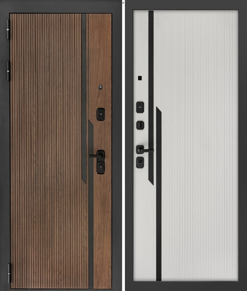 Входная дверь Волга-Бункер КАРМИНА Чёрный муар+Орех американский - Дуб беловежский