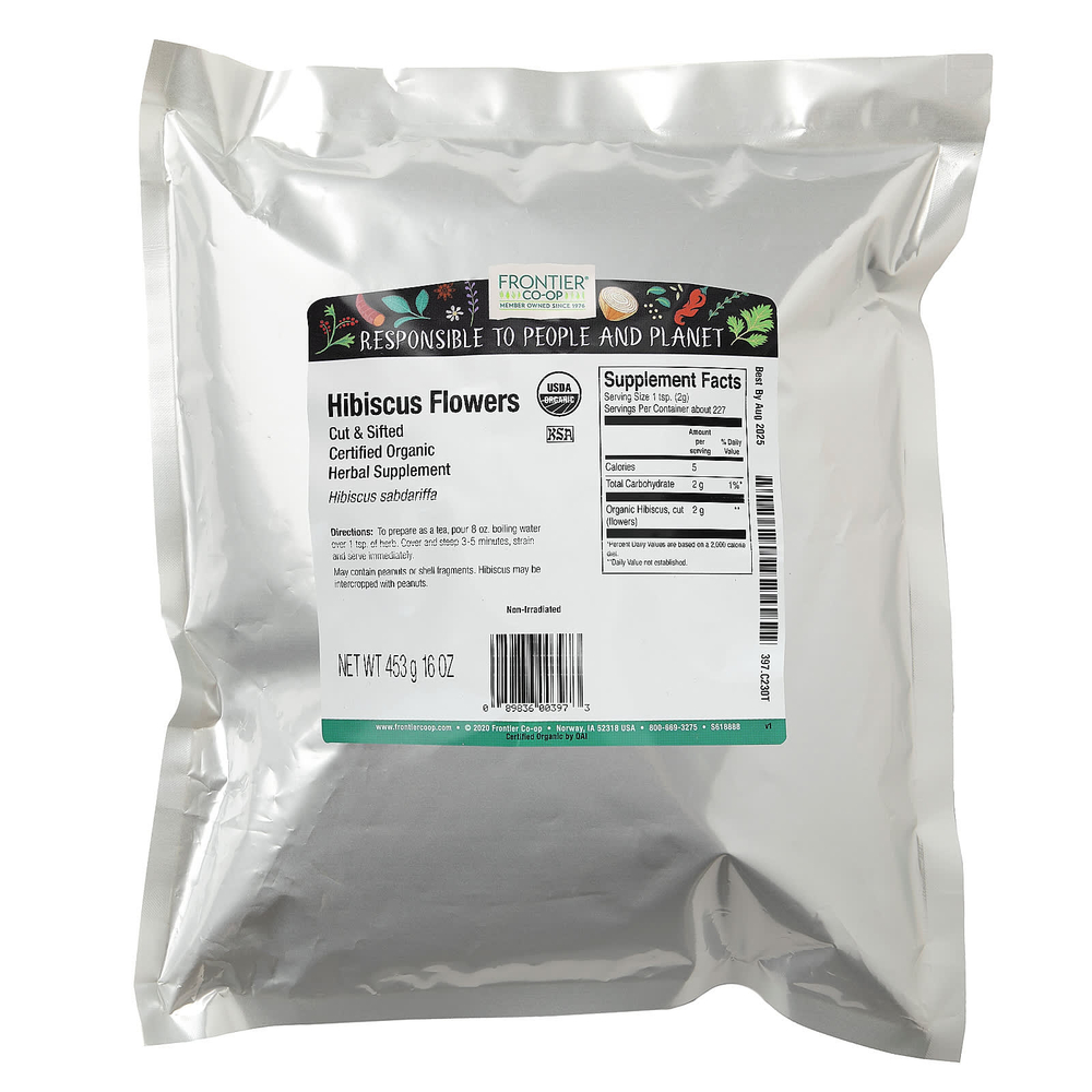 Frontier Co-op, органические нарезанные и просеянные цветки гибискуса, 453 г (16 унций)