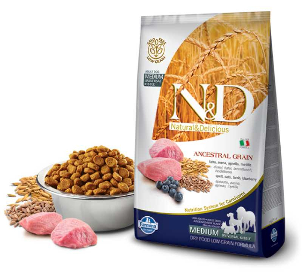 Сухой корм FARMINA N&D Ancestral Grain Adult Medium&Maxi для взрослых собак средних и крупных пород с ягненком и черникой - 12 кг