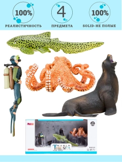 Игрушки фигурки в наборе морские животные (дайвер, осьминог, морской лев, зебровая акула и др)