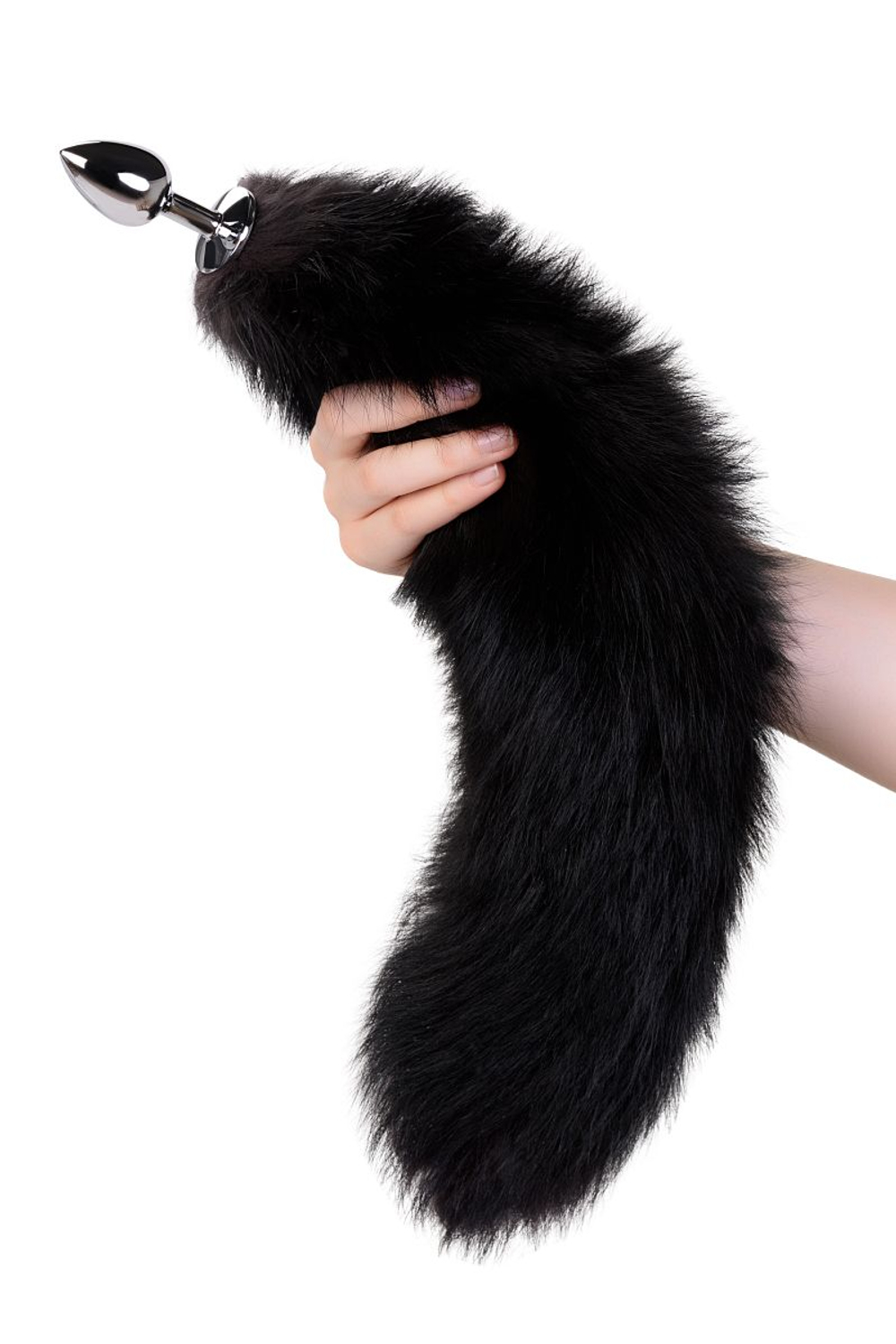 Серебристая анальная втулка с черным лисьим хвостом (Цвет: черный)