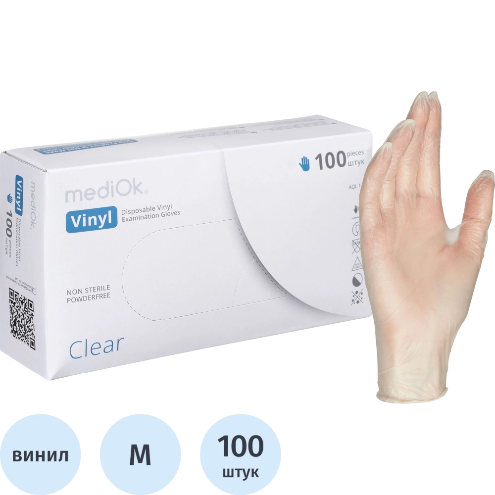 Перчатки виниловые MediOk ПРОЗРАЧНЫЕ, М, 50 пар в упаковке