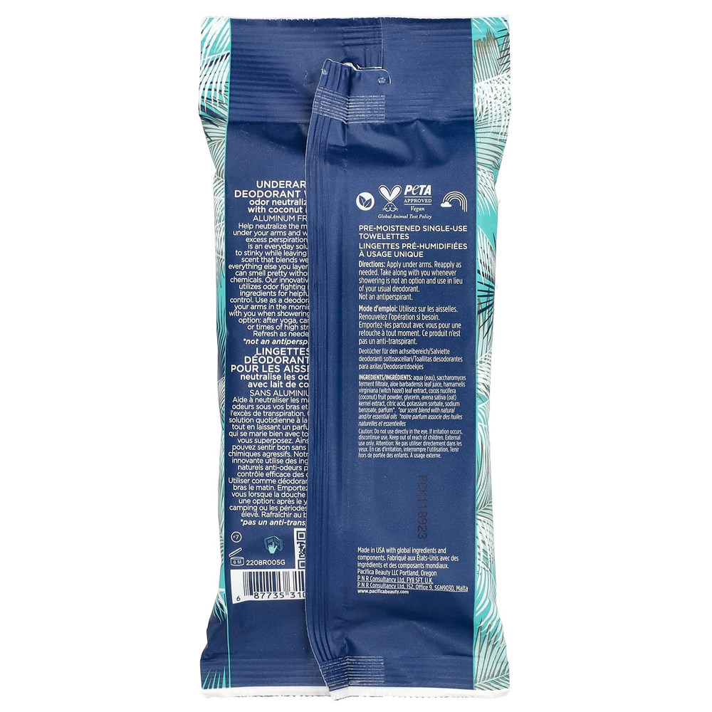 Pacifica, Дезодорантные салфетки для подмышек с кокосовым молоком, 30 предварительно увлажненных салфеток